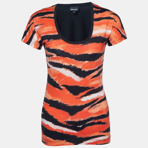 Just Cavalli Orange AnimalPrint Jersey Round Neck Top S